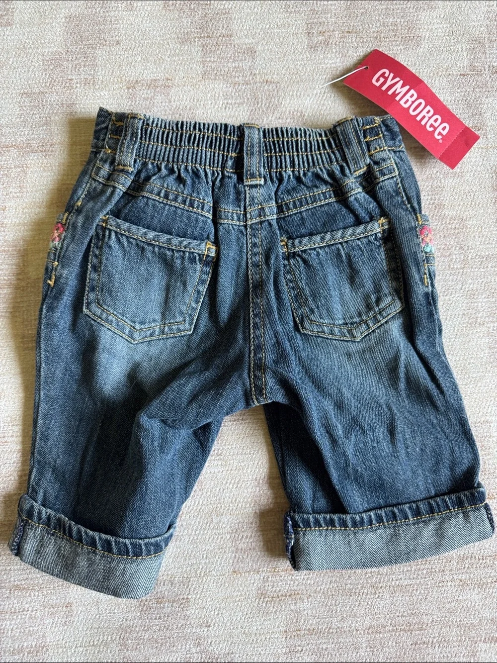 Gymboree Long Denim Shorts with Pink & Teal Embroidery NWT size 6-12M